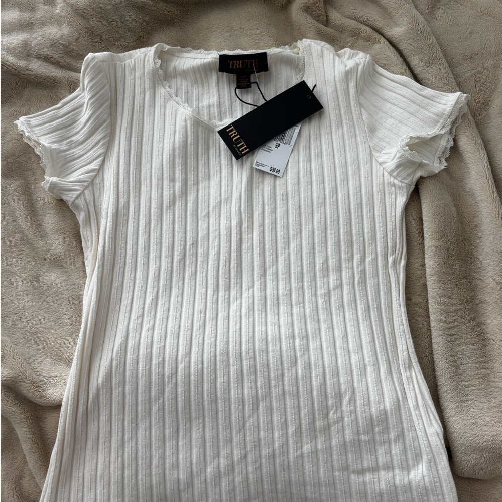 Truth White Flutter Sleeve Ribbed Tee